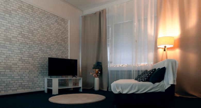Living room set · brick wall & warm lamp
