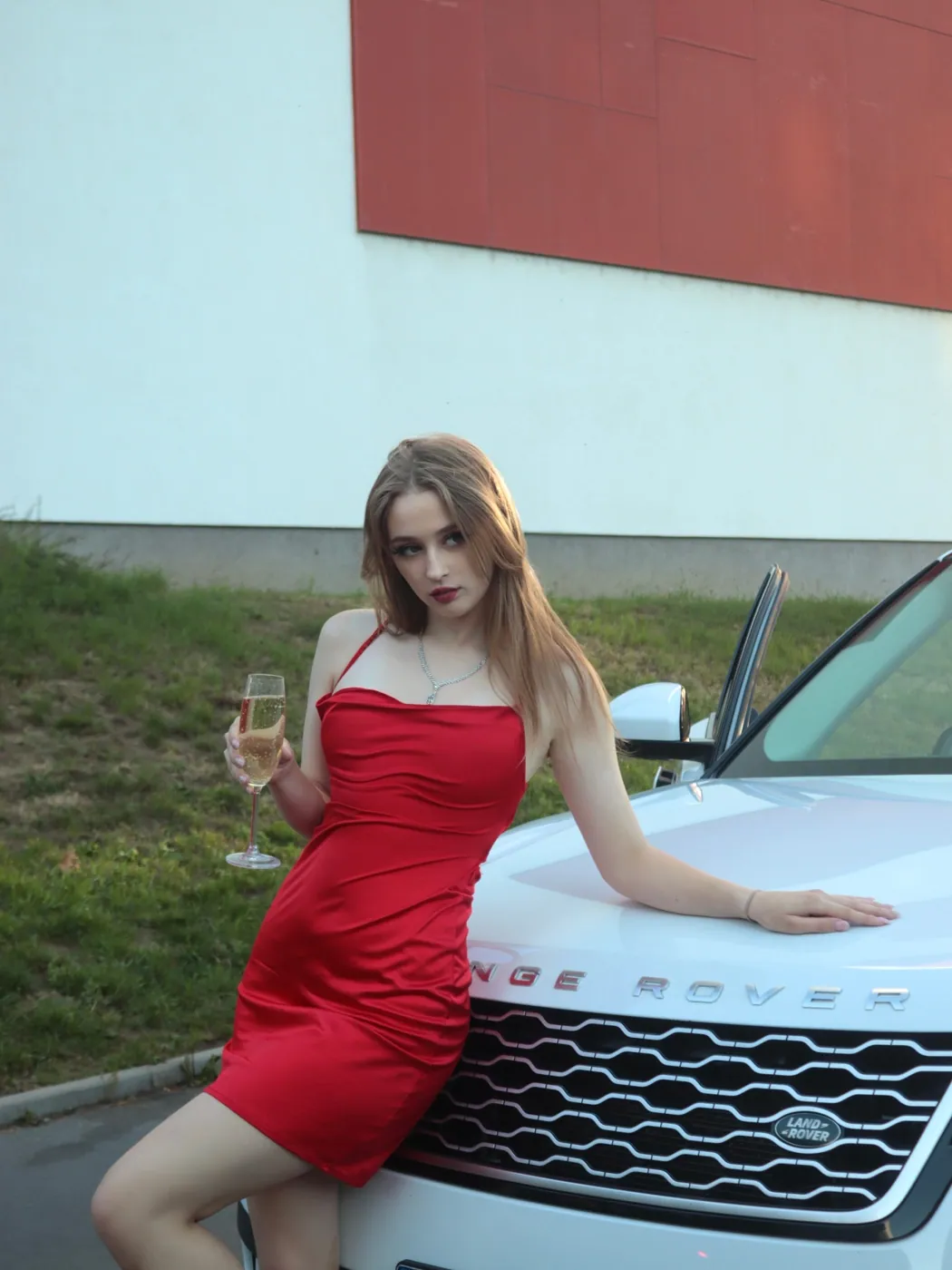 Red satin dress · champagne moment