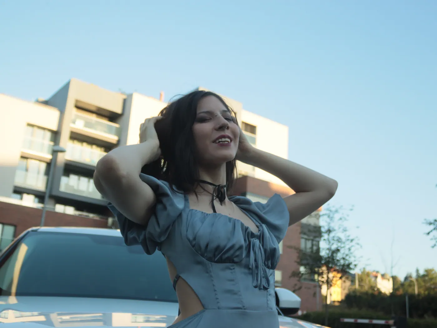 Golden hour · blue satin dress