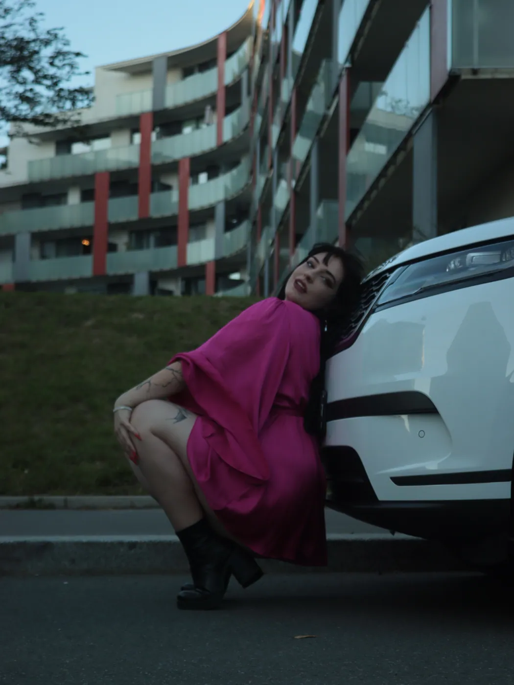 Pink dress · leaning pose