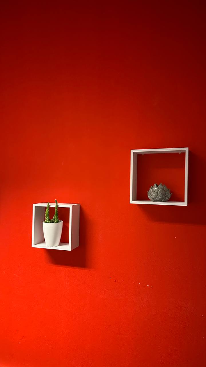 Red wall set · minimalist shelves