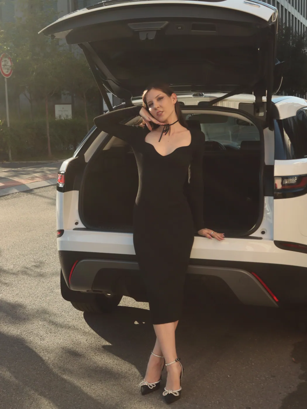 Black midi dress · elegant trunk pose