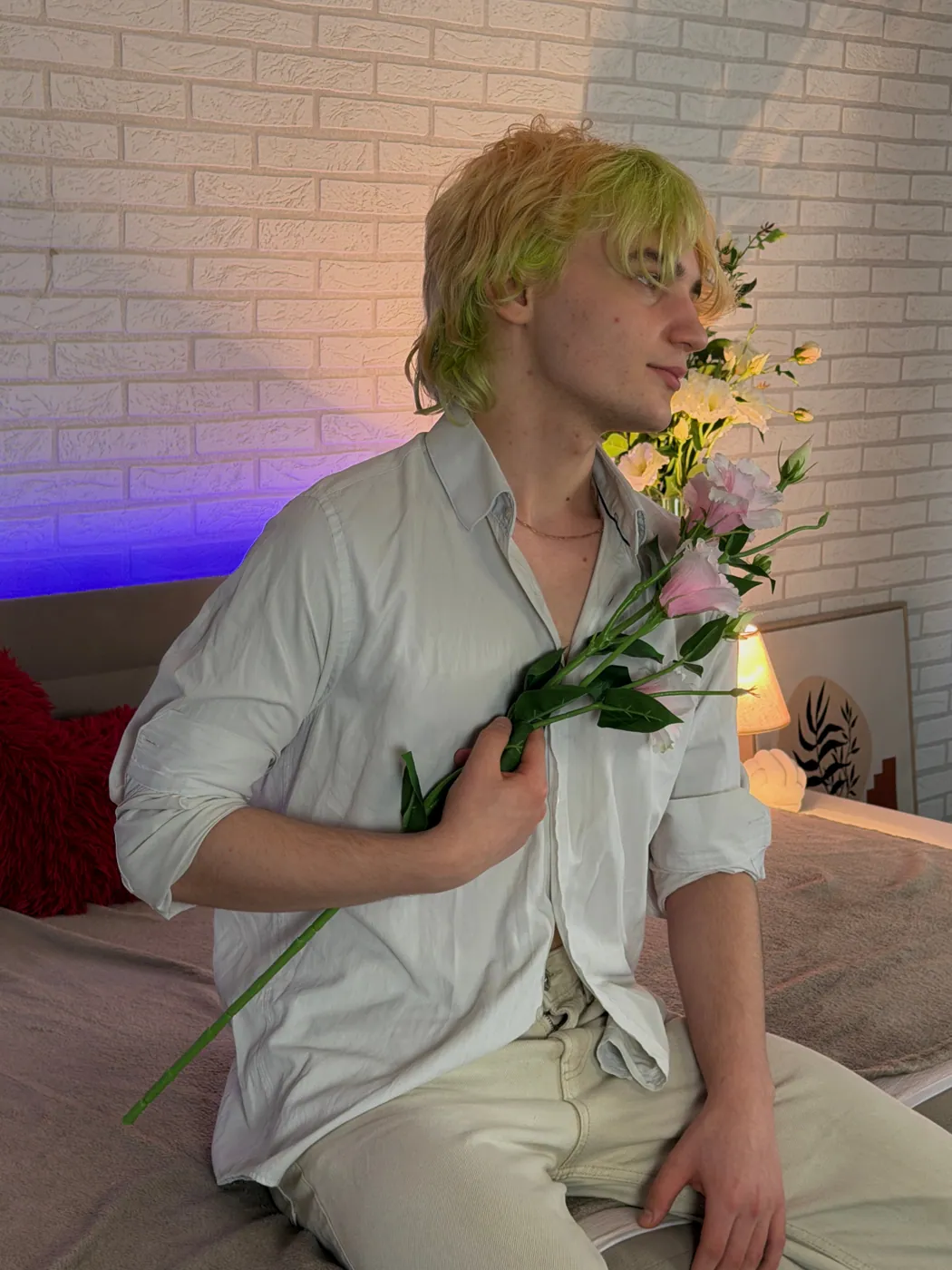 Bedroom portrait · flowers and white shirt