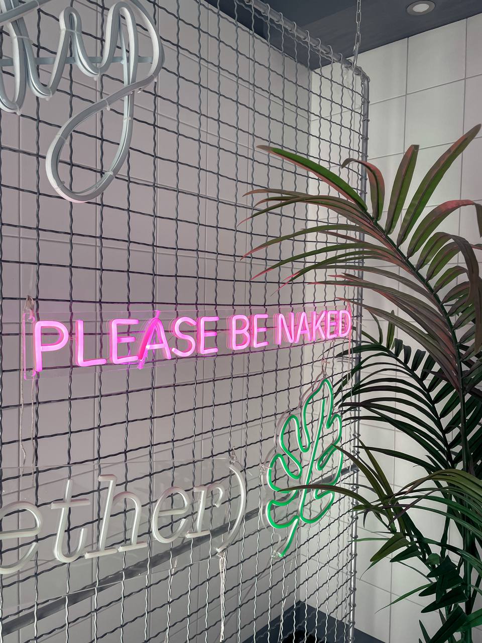 Neon wall · Please Be Naked signature